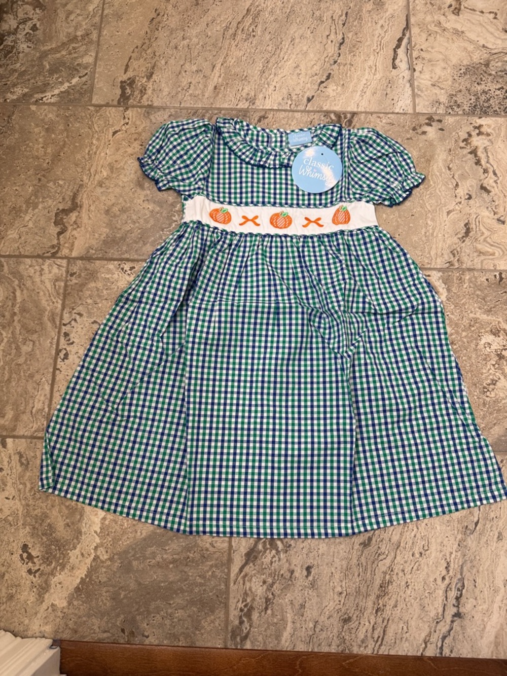 NWT Size 7 Green & Blue Gingham Smocked Pumpkin Dress